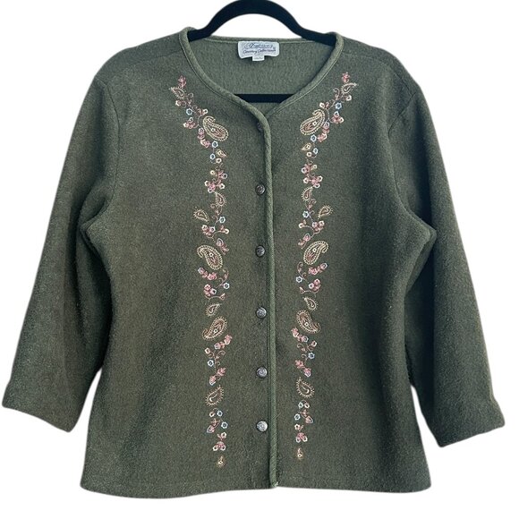 Country Collection Vtg Khaki Embroidered Cardigan • M • Boho Grannycore Eclectic - Picture 1 of 6
